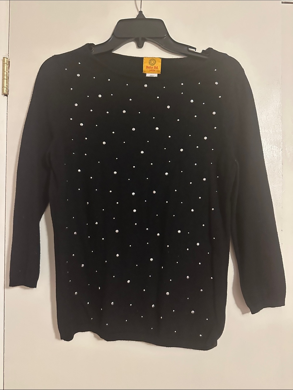 Ruby Rd. Black Crewneck Sweater with Pearl Stud Accents